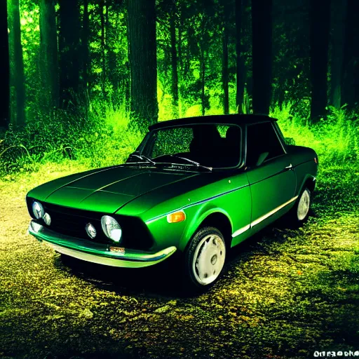 Image similar to fiat 1 2 4 in the dark forest, night, headlights are on, professional photography, vaporwave