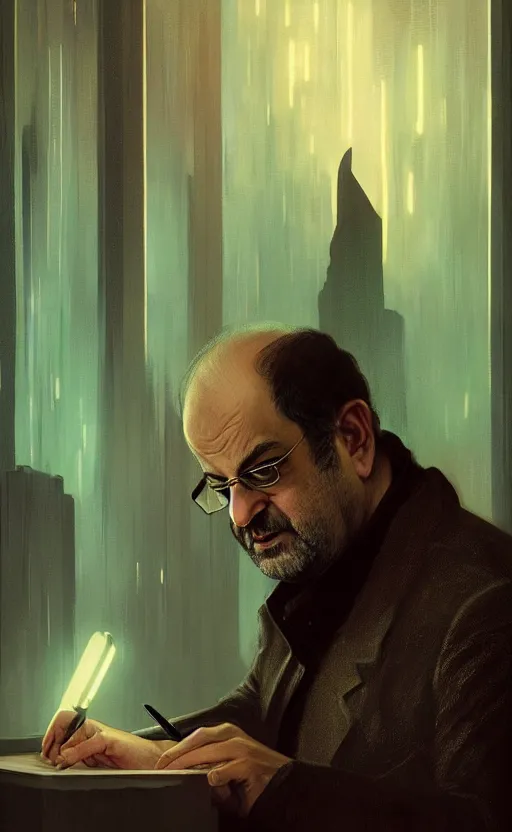 Image similar to portrait of salman rushdie writing in the dark, deep focus, blade runner 2 0 4 9, fantasy, intricate, elegant, highly detailed, digital painting, artstation, concept art, matte, sharp focus, illustration, art by artgerm and greg rutkowski and alphonse mucha