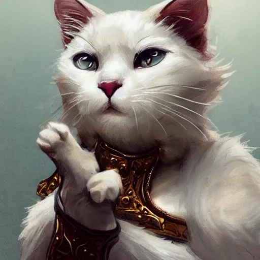 Image similar to A cute heraldic white kitty cat queen posing with one paw pointing slightly up, D&D, fantasy, intricate, cinematic lighting, highly detailed, digital painting, artstation, concept art, smooth, sharp focus, illustration, art by Akihiko Yoshida, Greg Rutkowski and Alphonse Mucha