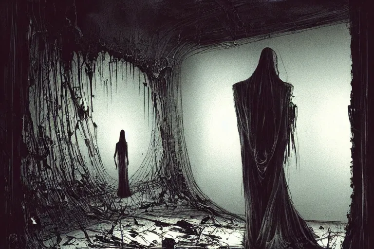 Image similar to vertical movie frame portrait of girl with head wrapped in gauze, inside childhood bedroom, ominous backrooms at distance seen through big broken shattered mirror, giger interior design, architectural design, vintage, liminal aesthetic, dreamcore, weirdcore, clean lines, wide angle, by wayne barlowe, tsutomu nihei, zdzislaw beksinski,