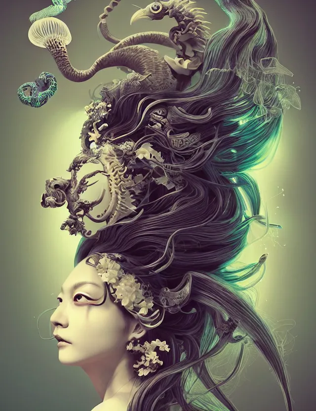 Image similar to 3 d goddess half - turn portrait with long hair with ram skull. beautiful intricately detailed japanese crow kitsune mask and clasical japanese kimono. betta fish, jellyfish phoenix, bio luminescent, plasma, ice, water, wind, creature, artwork by tooth wu and wlop and beeple and greg rutkowski