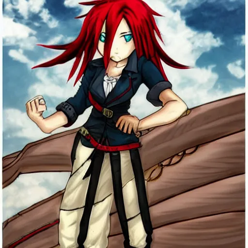 Prompt: sky-pirate with long red hair in front of a steampunk airship, full metal alchemist, anime style