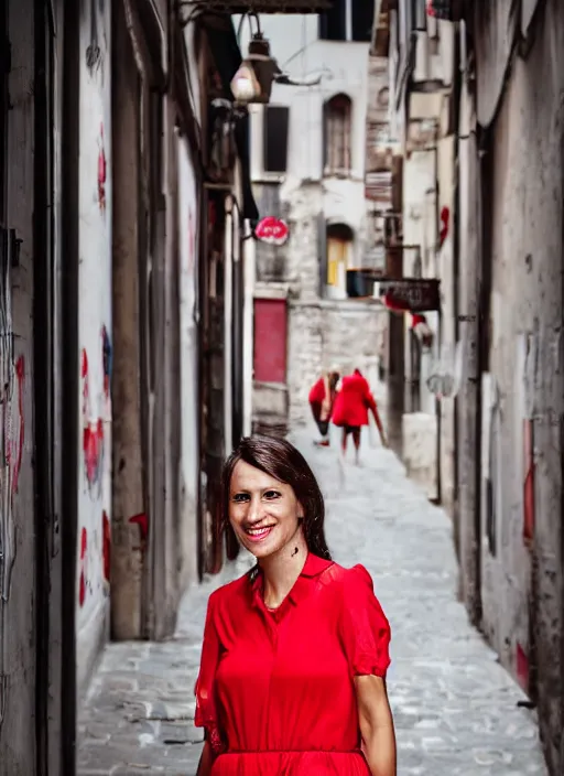 Image similar to color portrait of a beautiful 35-year-old smiling Italian woman, wearing a red outfit, candid street portrait in the style of annie leibovitz medium shot, detailed, award winning, Sony a7R