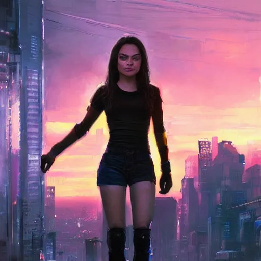 Prompt: portrait of a young mila kunis in front of a cyberpunk city, dramatic light, city background, sunset, high contrast, sharp, painted by stanley lau, painted by greg rutkowski, painted by stanley artgerm, digital art, trending on artstation