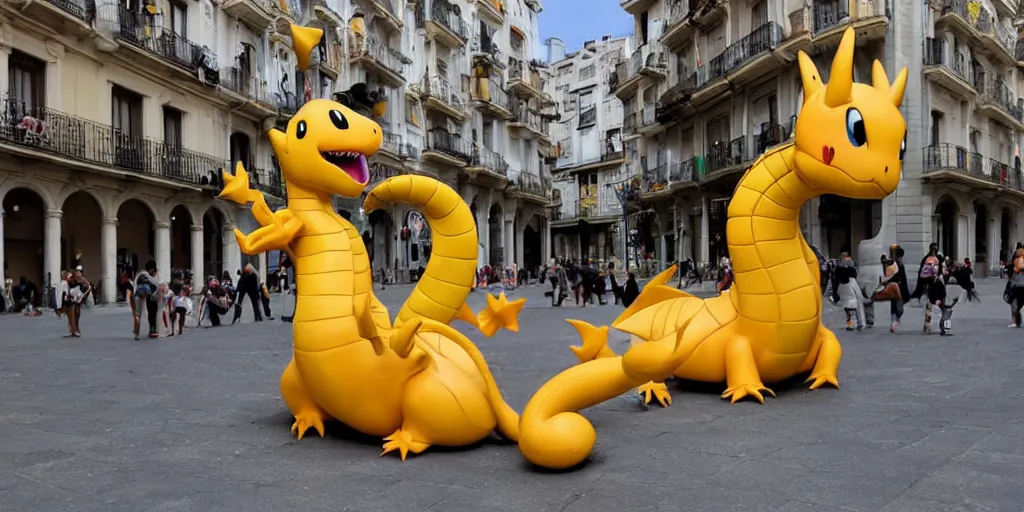Prompt: Dragonite Pokemon visits Madrid,