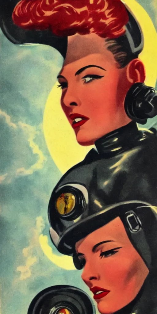 Prompt: 1940s Pulp Sci-fi style, closeup of a woman's face in a retro spacesuit with a dark red and mysterious sky.