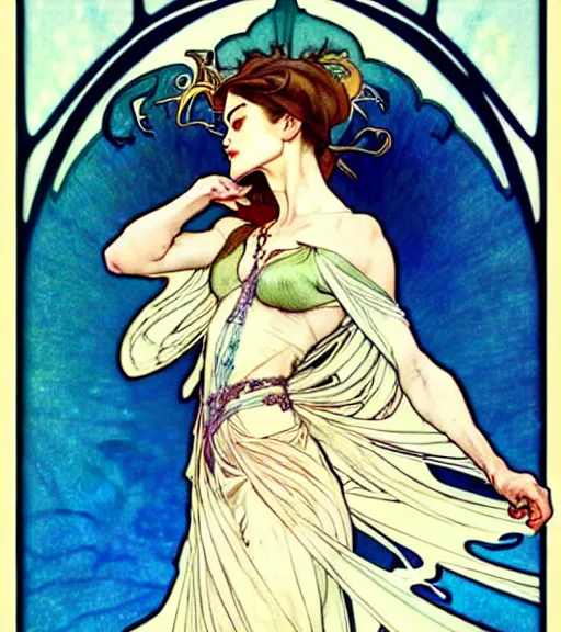 Image similar to in the style of artgerm, arthur rackham, alphonse mucha, phoebe tonkin, symmetrical eyes, symmetrical face, flowing blue skirt, hair blowing, full body, intricate filagree, hidden hands, warm colors, cool offset colors