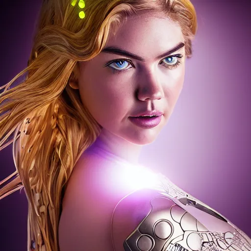 Prompt: beautiful Fine art photo portrait of enraptured Kate Upton as a solarpunk robotic goddess, white mechanical parts with led lights, photorealistic, white background, highly detailed and intricate, sunset lighting, HDR 8k