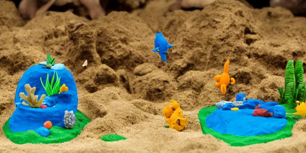 Prompt: plasticine models. side view of tropical fish tank with sand and gravel, wallace and gromit, wrong trousers. figures clay. water. aquatic photography. bubbles out of a shell