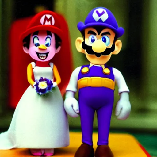 Prompt: Waluigi and Mario’s wedding photograph, circa 1985