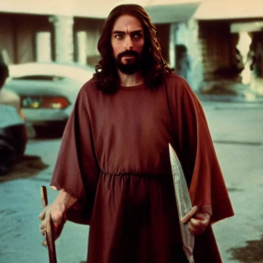 Prompt: A photo of Jesus as slasher villain, f/22, 35mm, 2700K, kodachrome, award winning photography