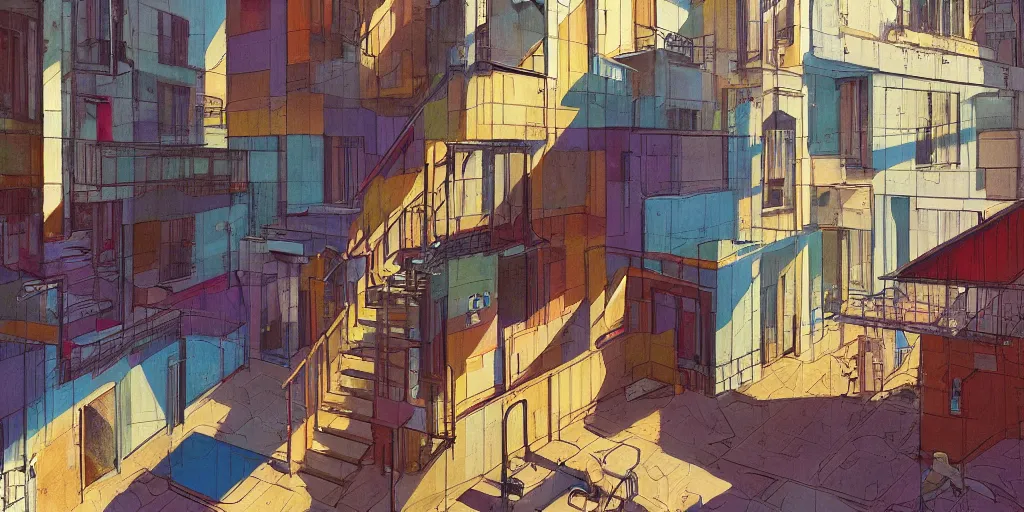 Prompt: neo brutralism, concrete housing, a long stairway going up, concept art, colorful, vivid colors, sunshine, light, shadows, reflections, oilpainting, cinematic, 3D, in the style of Akihiko Yoshida and Edward Hopper