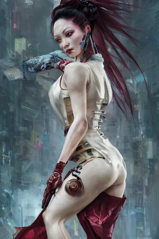 Image similar to > professional dynamtic portrait of female an agile geisha cyberpunk in a dynamic pose , armor elements , long red hair, beautiful bone structure, symmetrical facial features, intricate, elegant, digital painting, concept art, smooth, sharp focus, illustration, by Ruan Jia and Mandy Jurgens , and mucha, and Artgerm and William-Adolphe Bouguerea