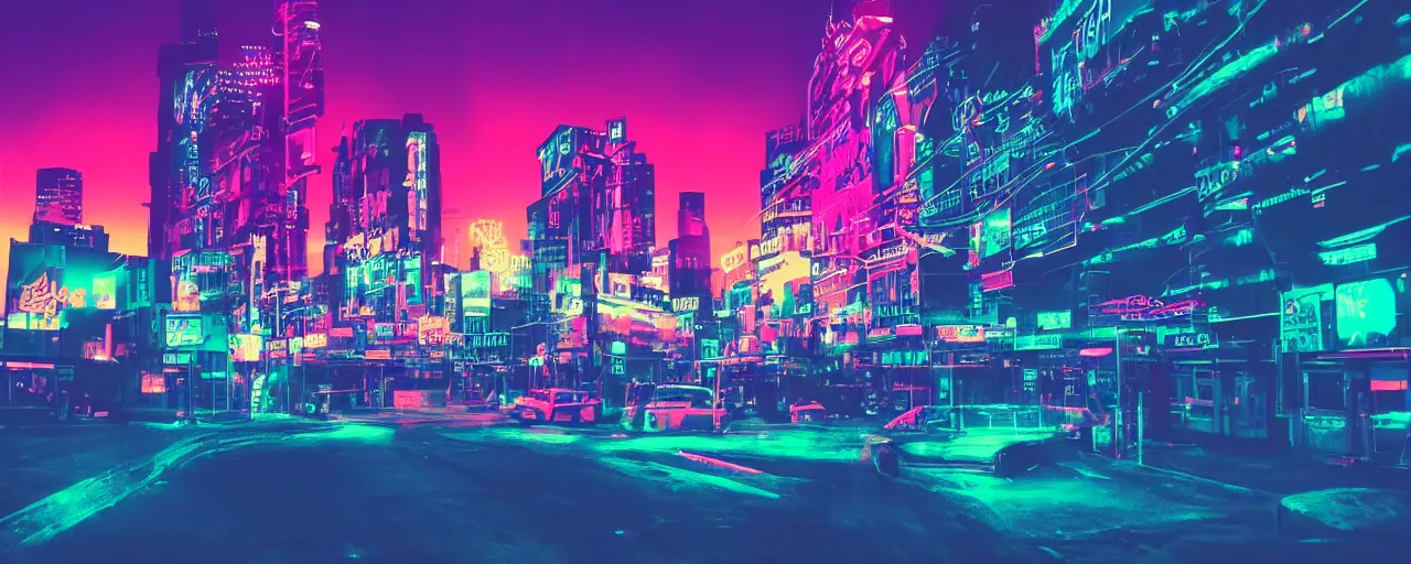 Image similar to night city, neon lights, glow signs , retrowave style, sunset