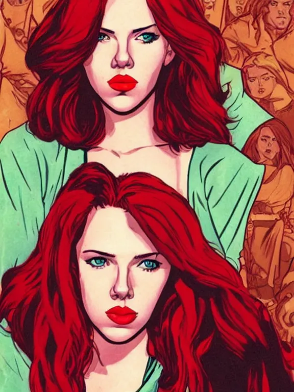 Prompt: Young Scarlett Johansson with long red hair in the style of 90's (Image Comics) whitchblade comic book cover