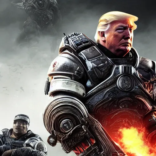 Image similar to Photo portrait of Donald Trump as Crusader!! in Gears of War, splash art, movie still, detailed face, photorealistic facial features, cinematic lighting, dramatic, octane render, long lens, shallow depth of field, bokeh, anamorphic lens flare, 8k, hyper detailed, 35mm film grain