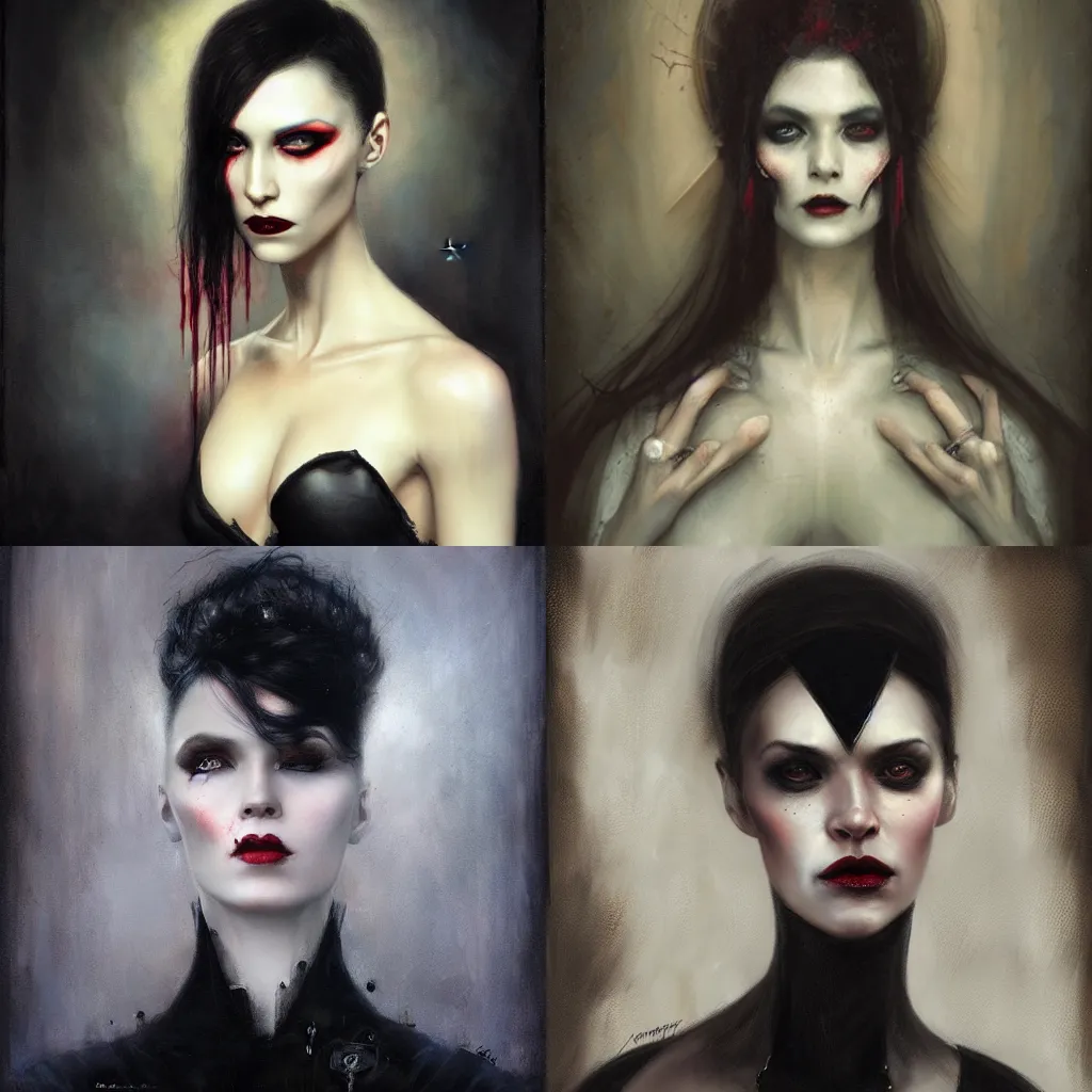 Prompt: portrait of the vampire queen by Tom Bagshaw and Guy Denning