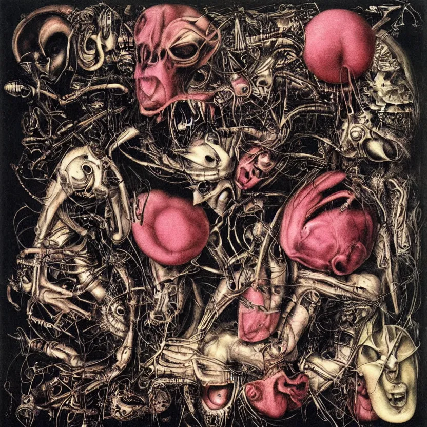 Image similar to post - punk pop techno new age album cover, asymmetrical design, alien? magic, apocalypse, psychedelic, highly detailed, black white pink, magic, giger h. r., giuseppe arcimboldo