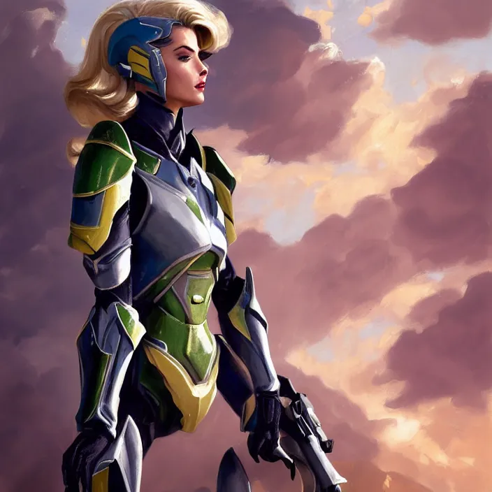 Image similar to A combination of Adriana Dxim's and Grace Kelly's and Ashley Greene's appearances with blonde hair wearing Interceptor's armor from Anthem, countryside, calm, fantasy character portrait, dynamic pose, above view, sunny day, thunder clouds in the sky, artwork by Jeremy Lipkin and Giuseppe Dangelico Pino and Michael Garmash and Rob Rey and Greg Manchess and Huang Guangjian, very coherent asymmetrical artwork, sharp edges, perfect face, simple form, 100mm