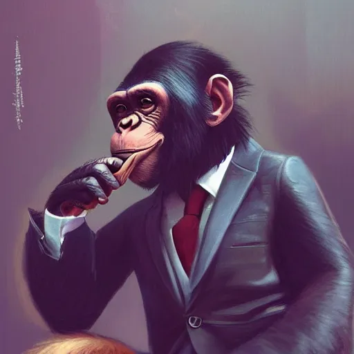 Image similar to a chimp wearing a suit smoking a cigar, dramatic lighting, cinematic, establishing shot, extremly high detail, photorealistic, cinematic lighting, artstation, style by James Gurney