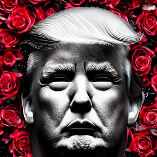 Prompt: amazingly complex portrait of Donald trump laying in a bed of black roses as a goddess staring curiously at you. soft detailed painting at 16K resolution and amazingly epic visuals. epically beautiful image. amazing effect, image looks gorgeously crisp as far as it's visual fidelity goes, absolutely outstanding. vivid clarity. ultra detail. iridescent. mind-breaking. mega-beautiful pencil shadowing. beautiful face. Ultra High Definition. soft shading. soft texture. intensely beautiful.