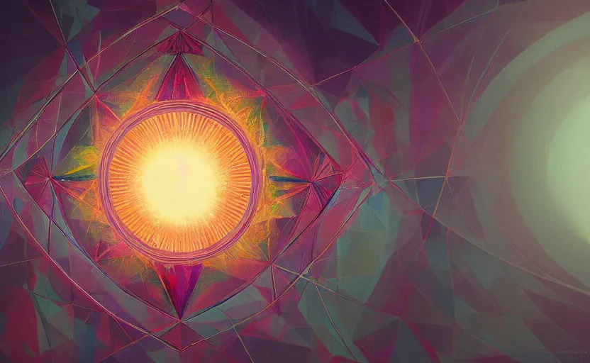 Image similar to a painting of a sacred geometry trending on artstation in the style of greg rutkowski, 3 d, fractal, 4 d, endless, rainbow, geometric tesseract, symmetry, wallpaper, sacred