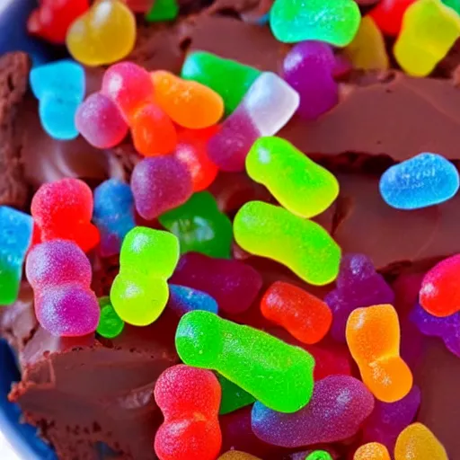 Image similar to brownie batter, mixed with sour gummy worms, super yummy, commercial, glistening