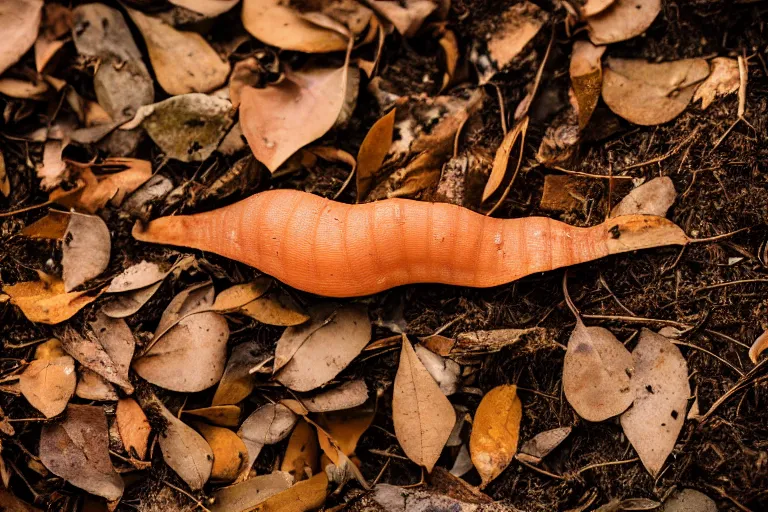 Prompt: a slug slithering on dead leaves in a forest, canon eos r 3, f / 1. 4, iso 2 0 0, 1 / 1 6 0 s, 8 k, raw, unedited, symmetrical balance, in - frame,