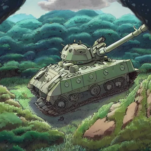 Prompt: a beautiful movie still in the style of Studio Ghibli anime showing a cute tank mecha with arms fighting an Alien from Aliens (1986). Studio Ghibli, aerial photography, wide angle lens, trending on artstation, trending on behance