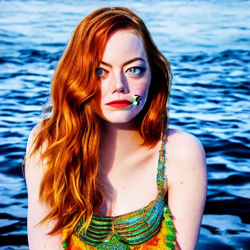 Prompt: Emma Stone as a mermaid, vogue, perfect face, intricate, Sony a7R IV, symmetric balance, polarizing filter, Photolab, Lightroom, 4K, Dolby Vision, Photography Award