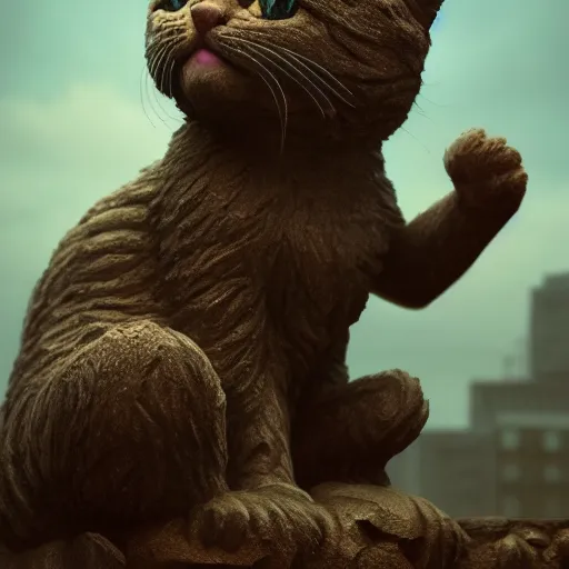 Image similar to a colossal statue of an adorable kitten, intricate artwork by beeple, third person, beautiful, full view, cinematic lighting, heavy mist, octane render, trending on artstation, greg rutkowski very coherent artwork. cinematic, hyper realism, high detail, octane render, 8k