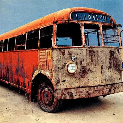 Prompt: A rusty bus going through the ocean, album cover from 1970