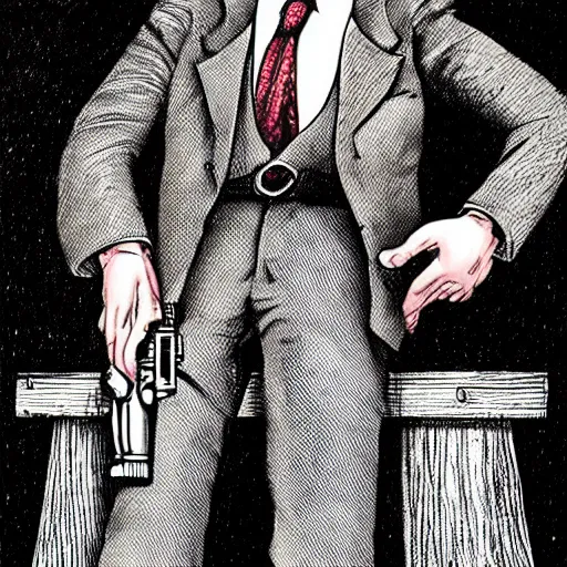 Image similar to The Artwork of R. Crumb and his Cheap Suit The-Godfather-with-a-gun, pencil and colored marker artwork, trailer-trash lifestyle