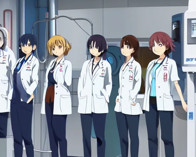 Image similar to five cute young female doctors wearing white coat standing in front of a CT machine, slice of life anime, lighting, anime scenery by Makoto shinkai