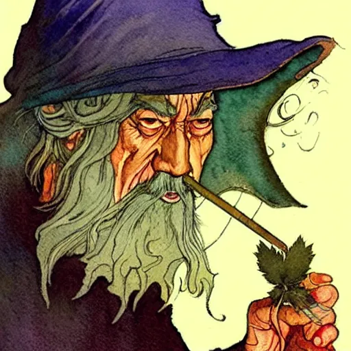 Image similar to a realistic and atmospheric watercolour fantasy character concept art portrait of gandalf with red eyes smoking a huge blunt looking at the camera with a pot leaf nearby by rebecca guay, michael kaluta, charles vess and jean moebius giraud