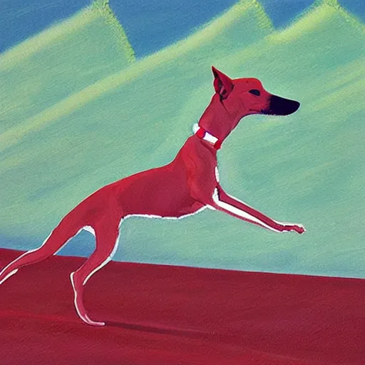 Image similar to close-up of a whippet running at beach, painting by david hockney, highly detailed