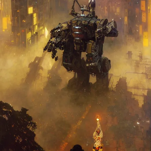 Prompt: six meters tall mech fighting in an urban environment, epic action scene, ultra realistic illustration by gaston bussiere craig mullins jc leyendecker gustav klimt artgerm greg rutkowski john berkey, bergey, craig mullins, ruan jia, raymond swanland, jeremy mann, tom lovell, alex malveda, ray casting, hdr