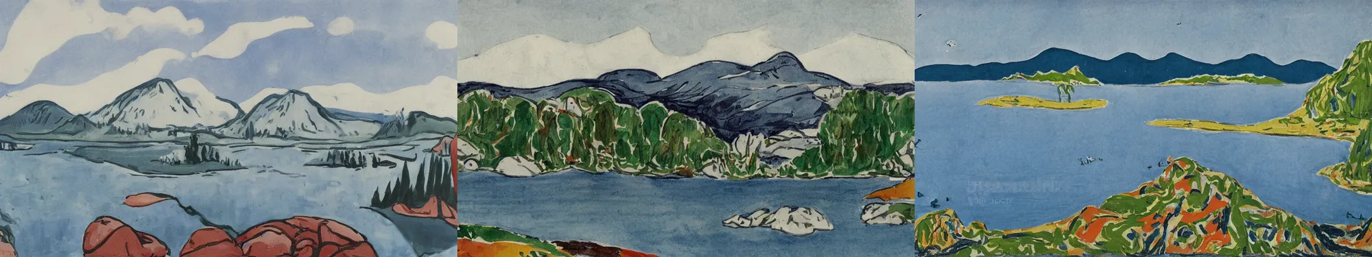 Prompt: lakeside mountains, by tove jansson