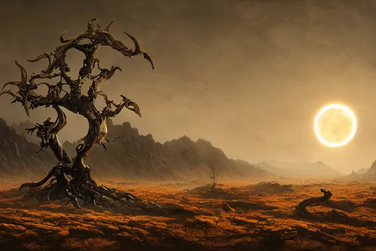 Image similar to cinematic fantasy landscape painting, primordial and cosmic, desert valley of bones, an eclipse, over an autumn maple bonsai growing alone that is yggdrasil, on a desolate sand dune in front of a primordial mountainous desert landscape of bones by and jessica rossier and hr giger, cinematic lighting