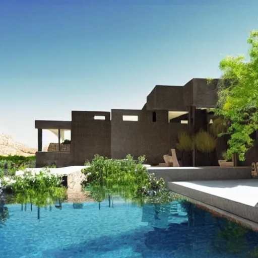 Prompt: architectural rendering of habitat 6 7 in the desert, biophilia style, pool, garden