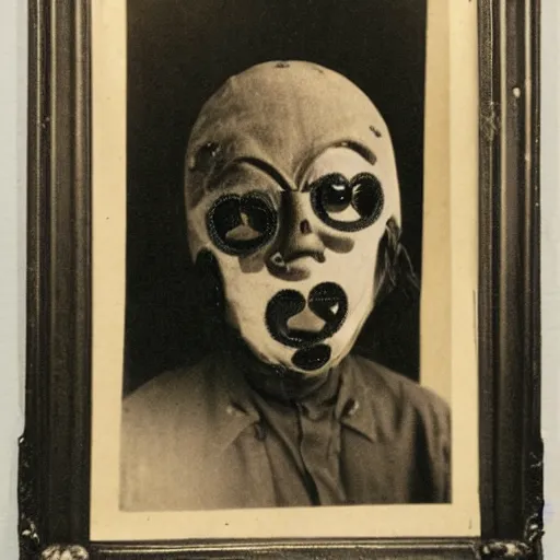 Image similar to photo portrait of 19 century brutal metal face mask cultist lord rich baron by Diane Arbus and Louis Daguerre