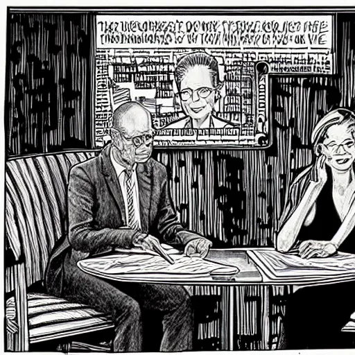 Prompt: The Artwork of R. Crumb and his Cheap Suit Klaus Schwab and Elizabeth Warren, pencil and colored marker artwork, trailer-trash lifestyle