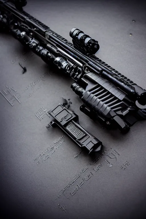 Prompt: cybernetic ultra high tech rifle with cat engraving, sci - fi, blade runner, cyberpunk, high tech, futurism, exoskeleton, symmetry, cinematic, elegant, luxury, perfect light, perfect composition, dlsr photography, sharp focus, 8 k, ultra hd, sense of awe, highly detailed, realistic, intricate, weapon journal cover