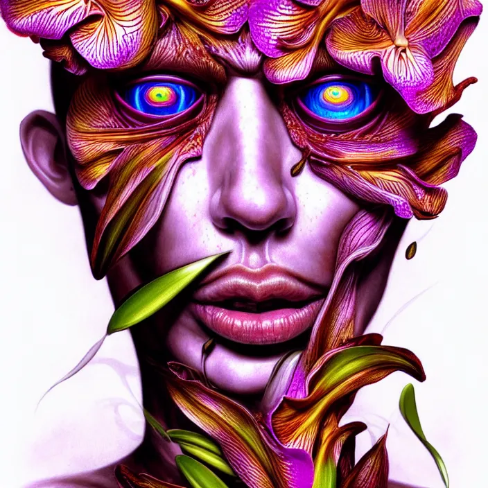 Image similar to psychedelic face made of orchid, diffuse lighting, fantasy, intricate, elegant, highly detailed, lifelike, photorealistic, digital painting, artstation, illustration, concept art, smooth, sharp focus, art by Giuseppe Arcimboldo