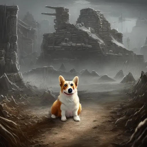 Prompt: a corgi puppy in a haunting post apocalyptic wasteland, extremely detailed fantasy art, cinematic, expansive, intricate, digital painting, trending on artstation