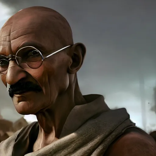 Image similar to Portrait of Mahatma Gandhi in Gears of War, splash art, movie still, cinematic lighting, dramatic, octane render, long lens, shallow depth of field, bokeh, anamorphic lens flare, 8k, hyper detailed, 35mm film grain