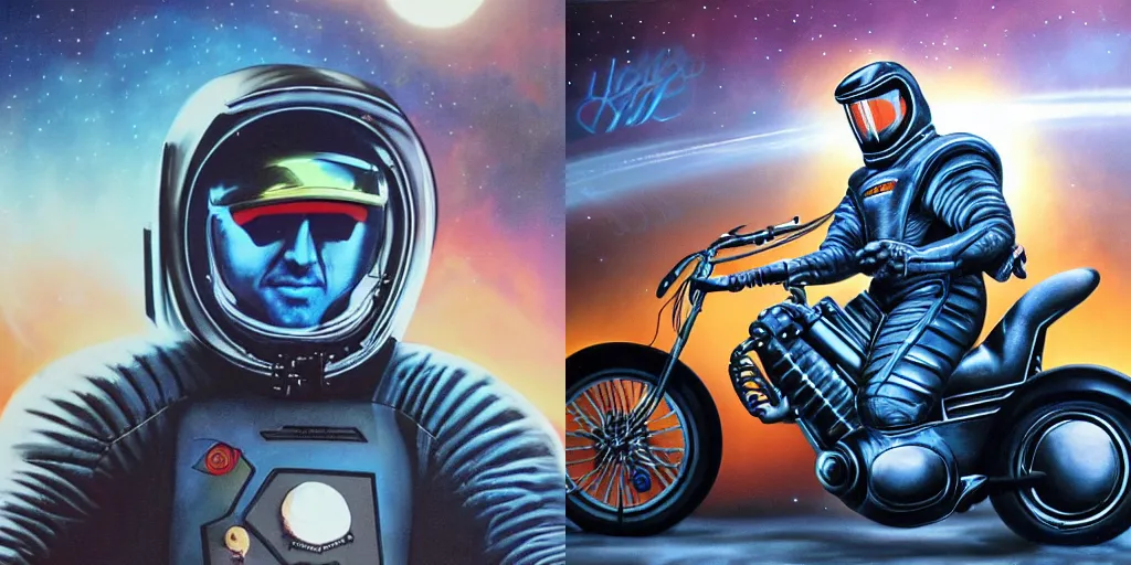 Prompt: eighties airbrush painting of lee pace in a spacesuit on a futuristic motorbike, ultra realistic, 4k,