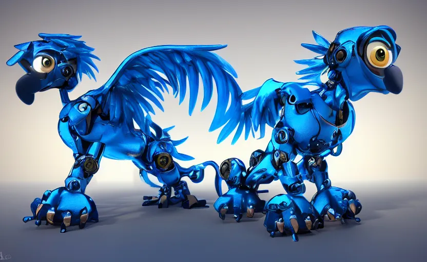 Image similar to cute robotic griffin, white and blue metal, in the style of Pixar, CGI, trending on art station, 8K