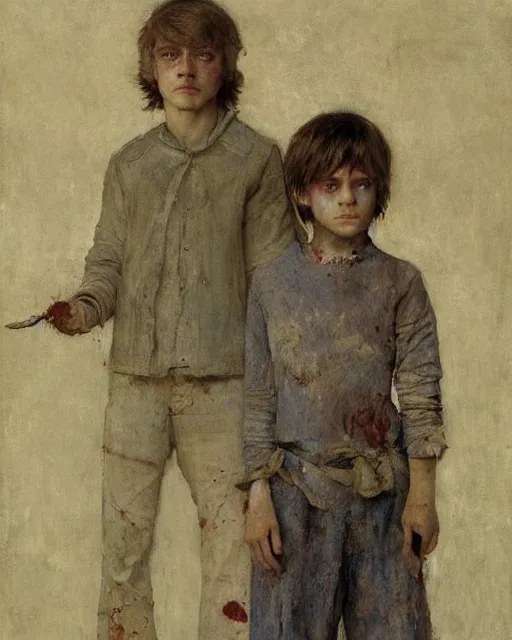 Prompt: two handsome but creepy siblings in layers of fear, with haunted eyes, 1 9 7 0 s, seventies, wallpaper, a little blood, moonlight showing injuries, delicate embellishments, painterly, offset printing technique, by jules bastien - lepage