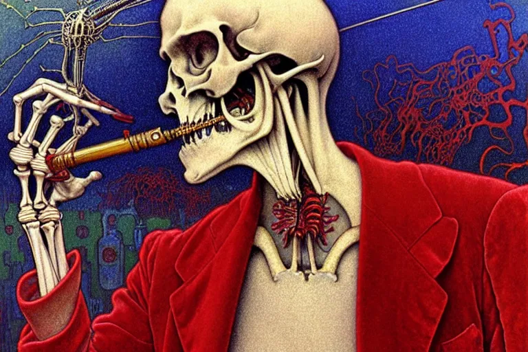 Image similar to realistic detailed closeup portrait painting of a single skeleton smoking wearing red velvet blazer in a crowded futuristic moscow street by Jean Delville, Amano, Yves Tanguy, Alphonse Mucha, Ernst Haeckel, Edward Robert Hughes, Roger Dean, rich moody colours, blue eyes